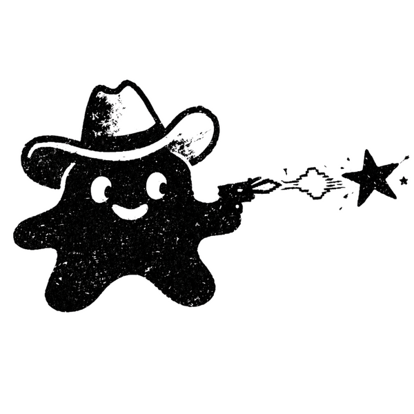 Black and white illustration of a cartoon character wearing a cowboy hat with a star and gun.